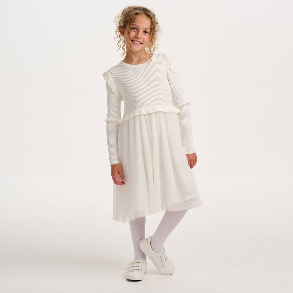 Lili Gaufrette-Girls Ivory Cotton Rib Knit & Pleated Tulle Dress | Childrensalon Outlet