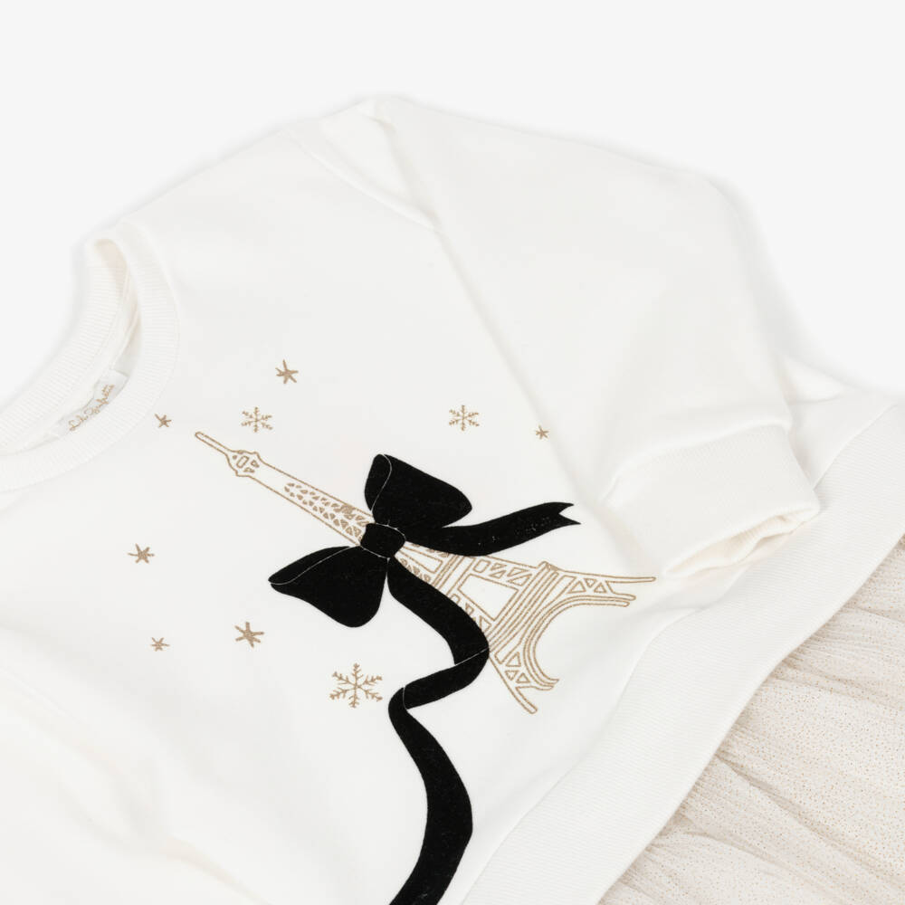 Lili Gaufrette-Girls Ivory Jersey & Pleated Tulle Sweatshirt Dress | Childrensalon Outlet