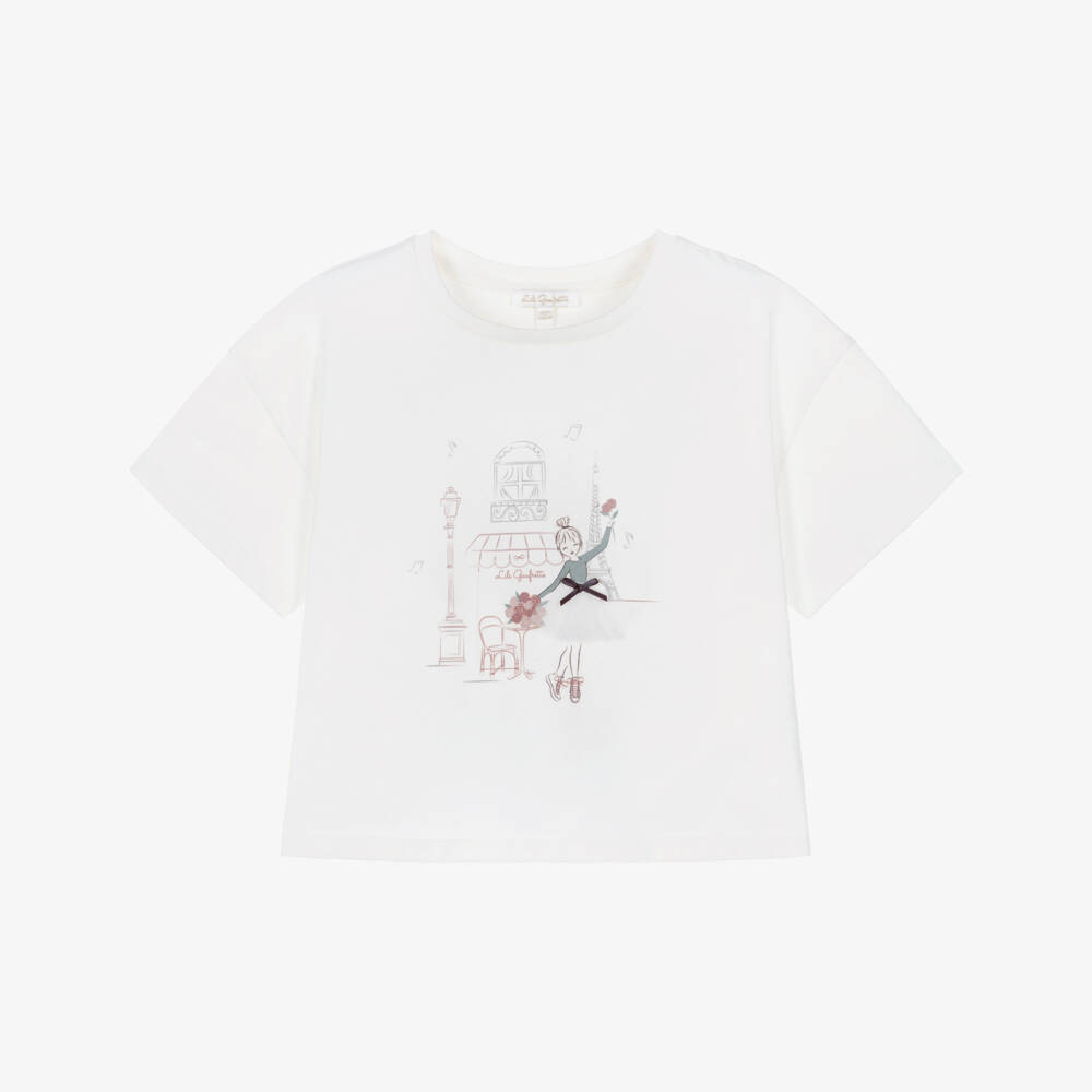 Lili Gaufrette-Girls Ivory Jersey T-Shirt with Ballerina | Childrensalon Outlet