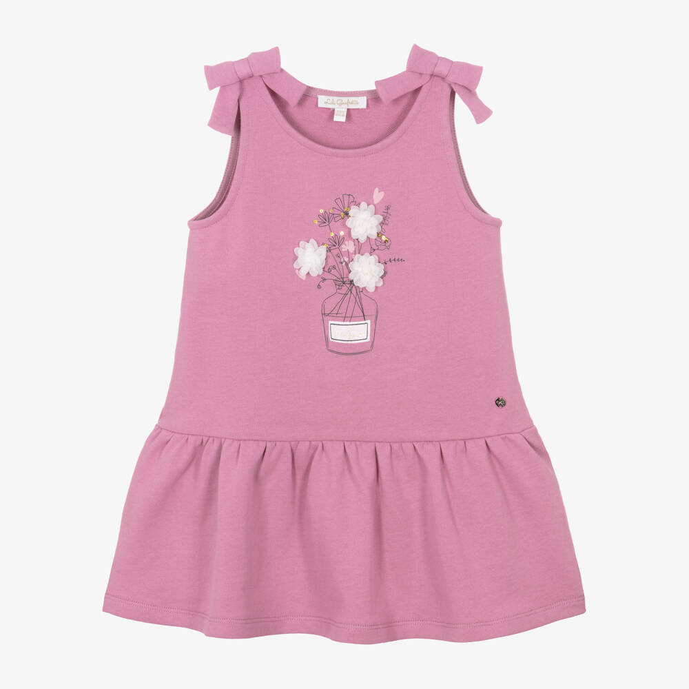 Lili Gaufrette-Girls Lilac Pink Organic Cotton Dress with Floral Appliqués | Childrensalon Outlet