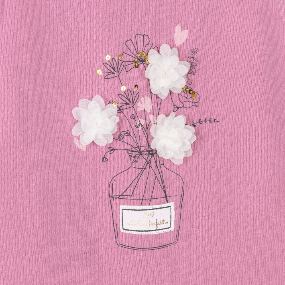 Lili Gaufrette-Girls Lilac Pink Organic Cotton Dress with Floral Appliqués | Childrensalon Outlet
