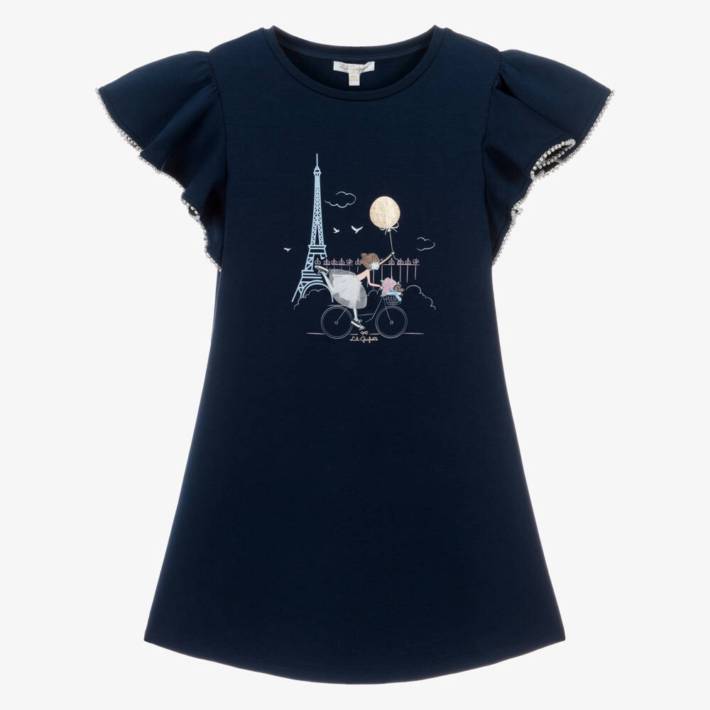 Lili Gaufrette-Girls Navy Blue Jersey Dress with Parisian Scene | Childrensalon Outlet