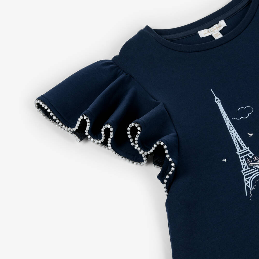 Lili Gaufrette-Girls Navy Blue Jersey Dress with Parisian Scene | Childrensalon Outlet