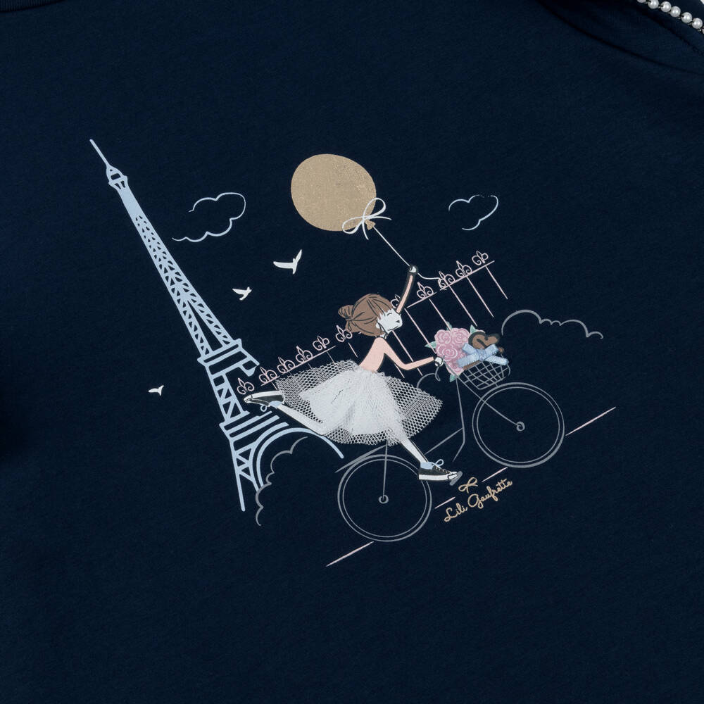Lili Gaufrette-Girls Navy Blue Jersey Dress with Parisian Scene | Childrensalon Outlet