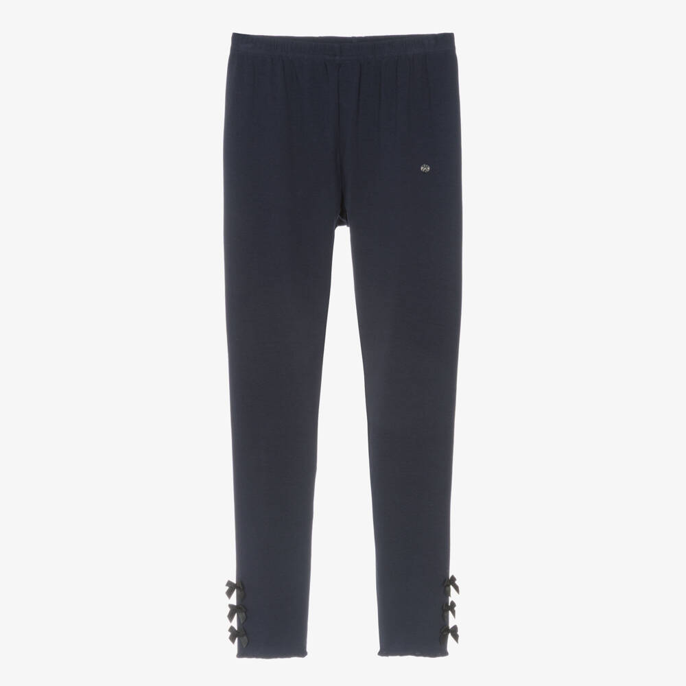 Lili Gaufrette-Girls Navy Blue Jersey Leggings with Ankle Bows | Childrensalon Outlet