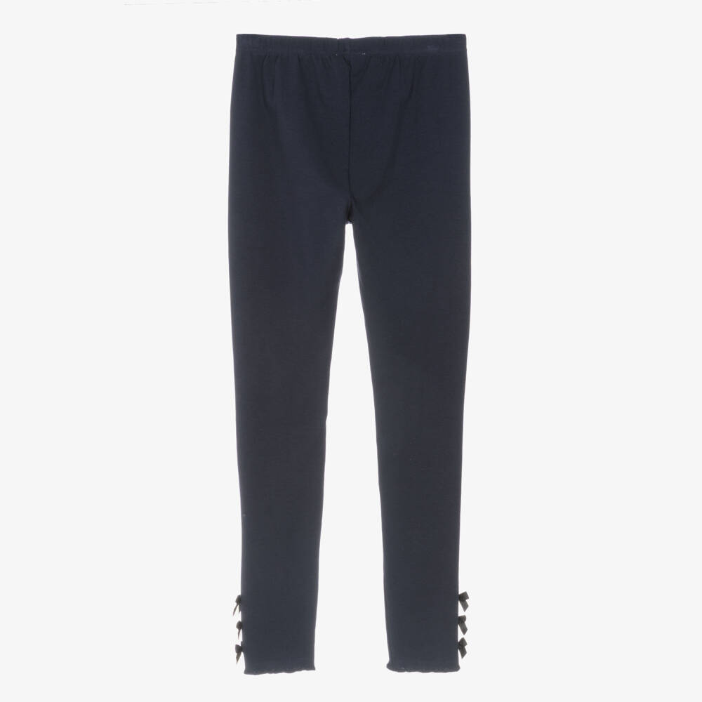 Lili Gaufrette-Girls Navy Blue Jersey Leggings with Ankle Bows | Childrensalon Outlet