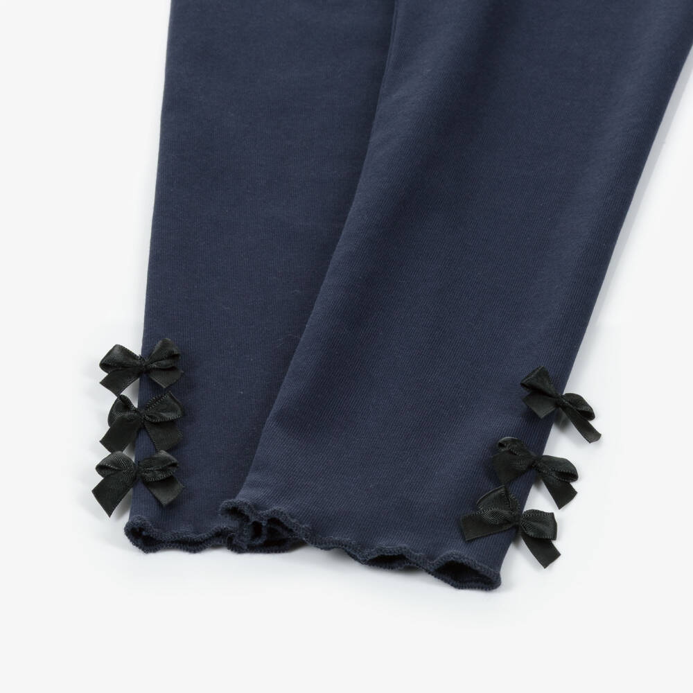 Lili Gaufrette-Girls Navy Blue Jersey Leggings with Ankle Bows | Childrensalon Outlet
