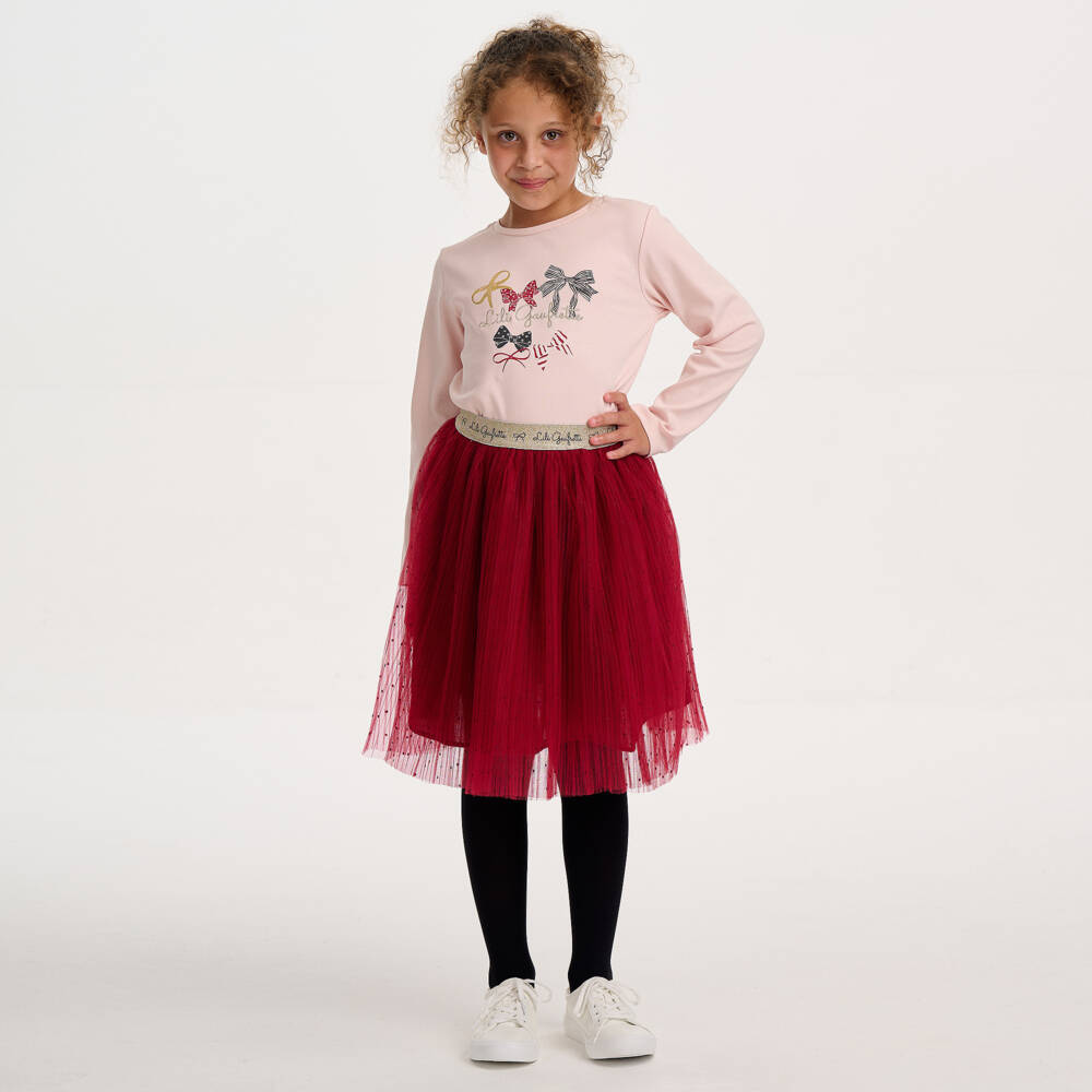 Lili Gaufrette-Girls Pale Pink Cotton Top with Logo & Bows | Childrensalon Outlet