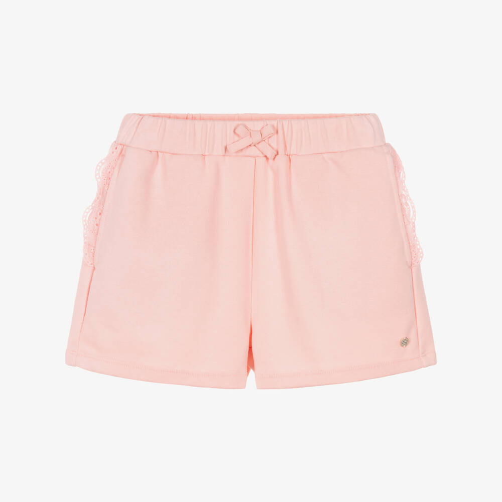 Lili Gaufrette-Girls Peach Pink Jersey Shorts with Broderie Anglaise Trim | Childrensalon Outlet