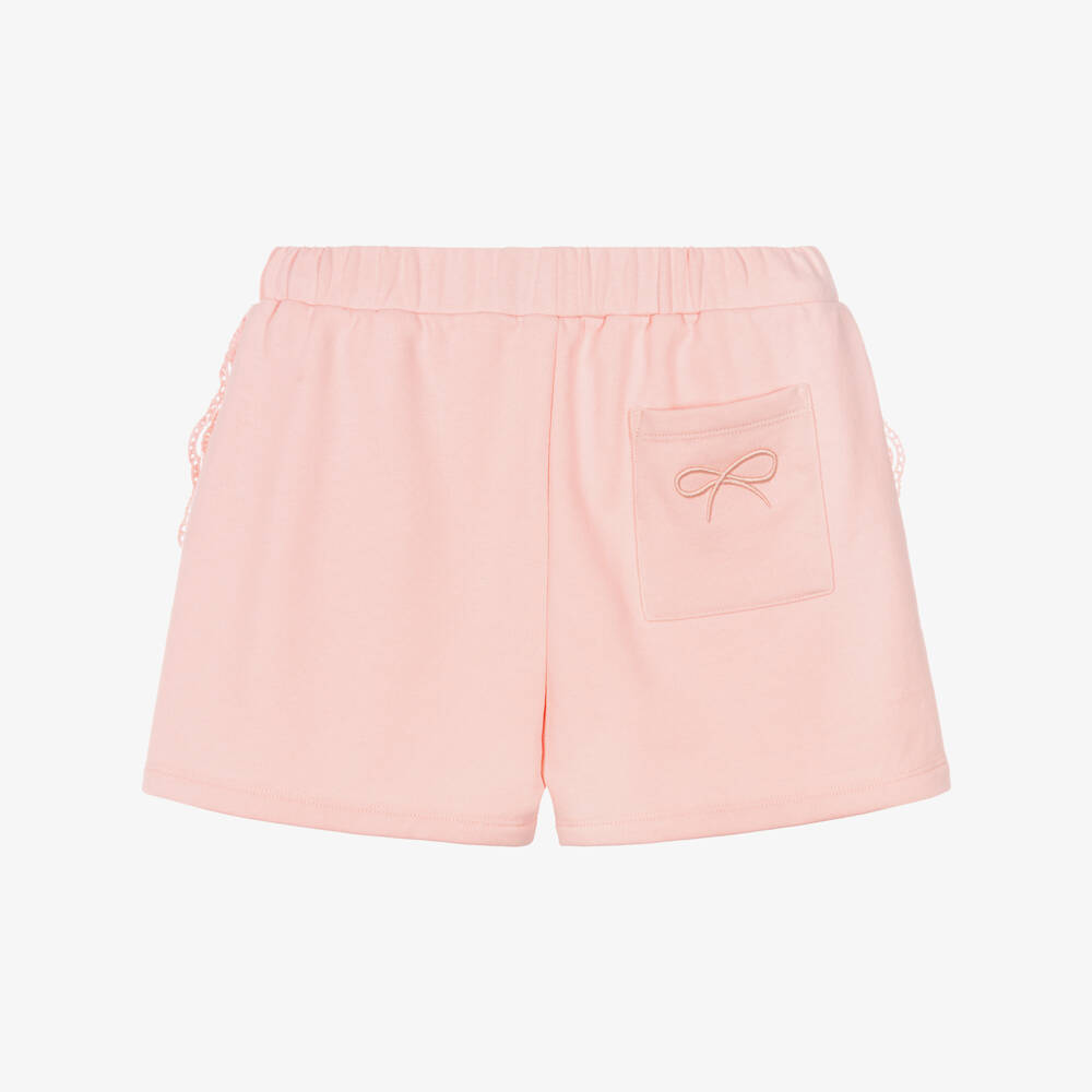 Lili Gaufrette-Girls Peach Pink Jersey Shorts with Broderie Anglaise Trim | Childrensalon Outlet