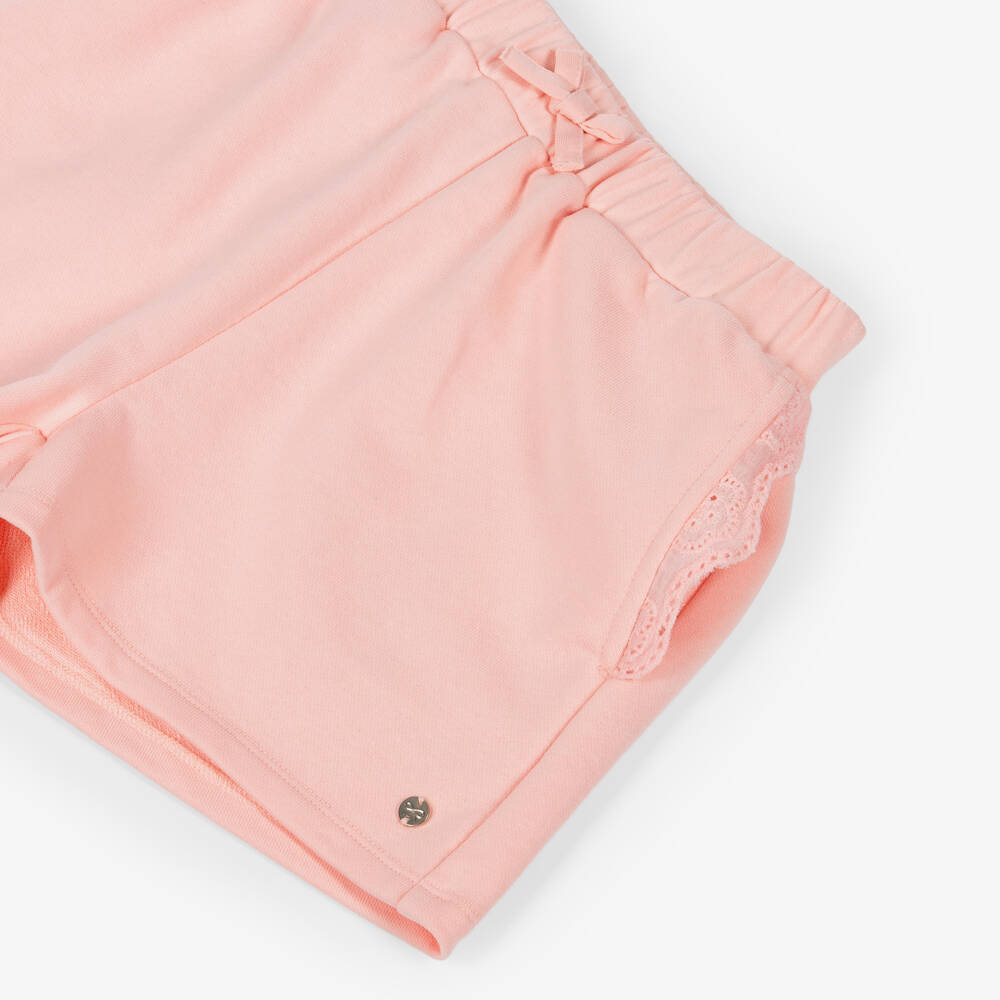 Lili Gaufrette-Girls Peach Pink Jersey Shorts with Broderie Anglaise Trim | Childrensalon Outlet