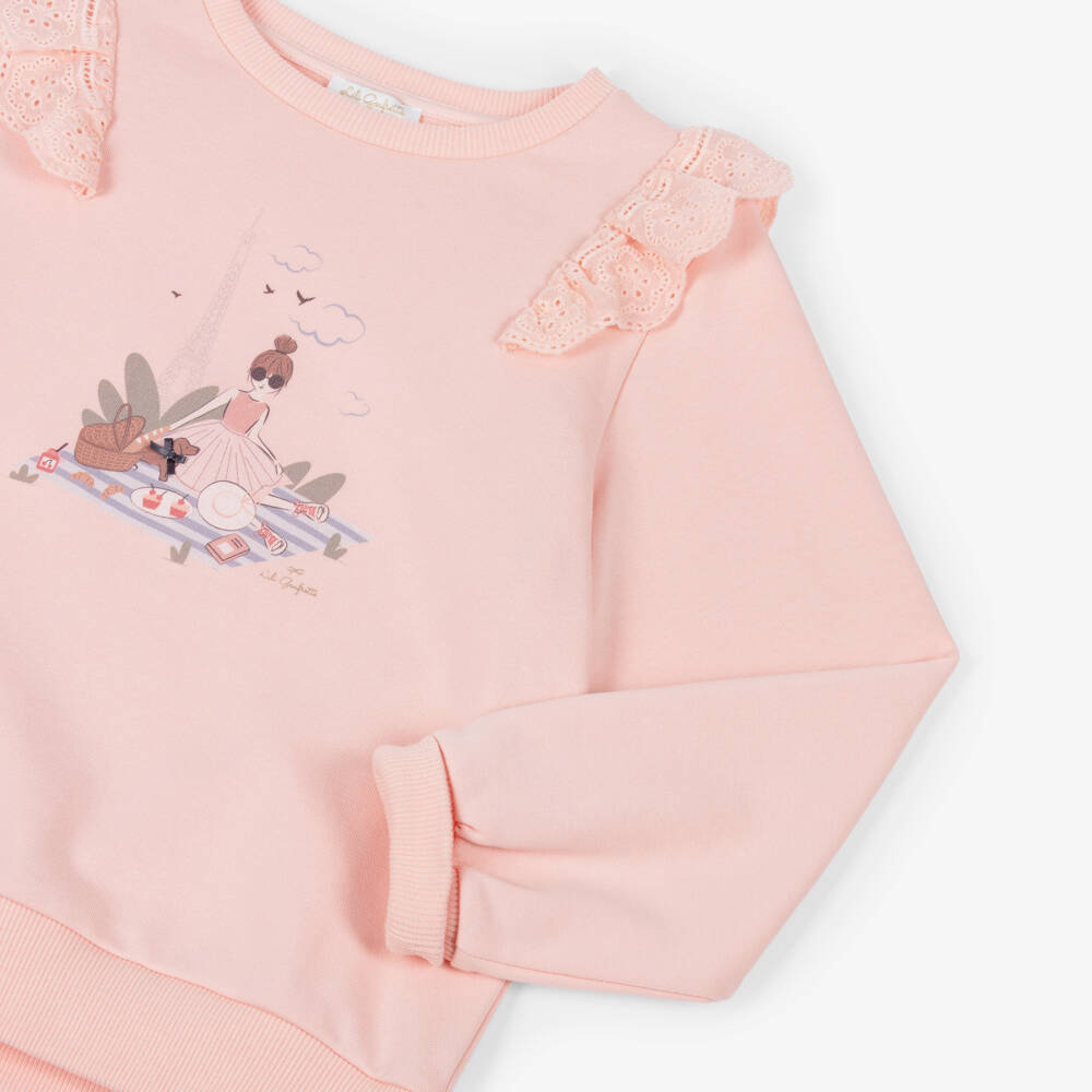 Lili Gaufrette-Girls Peach-Pink Sweatshirt with Parisienne Picnic Graphic | Childrensalon Outlet