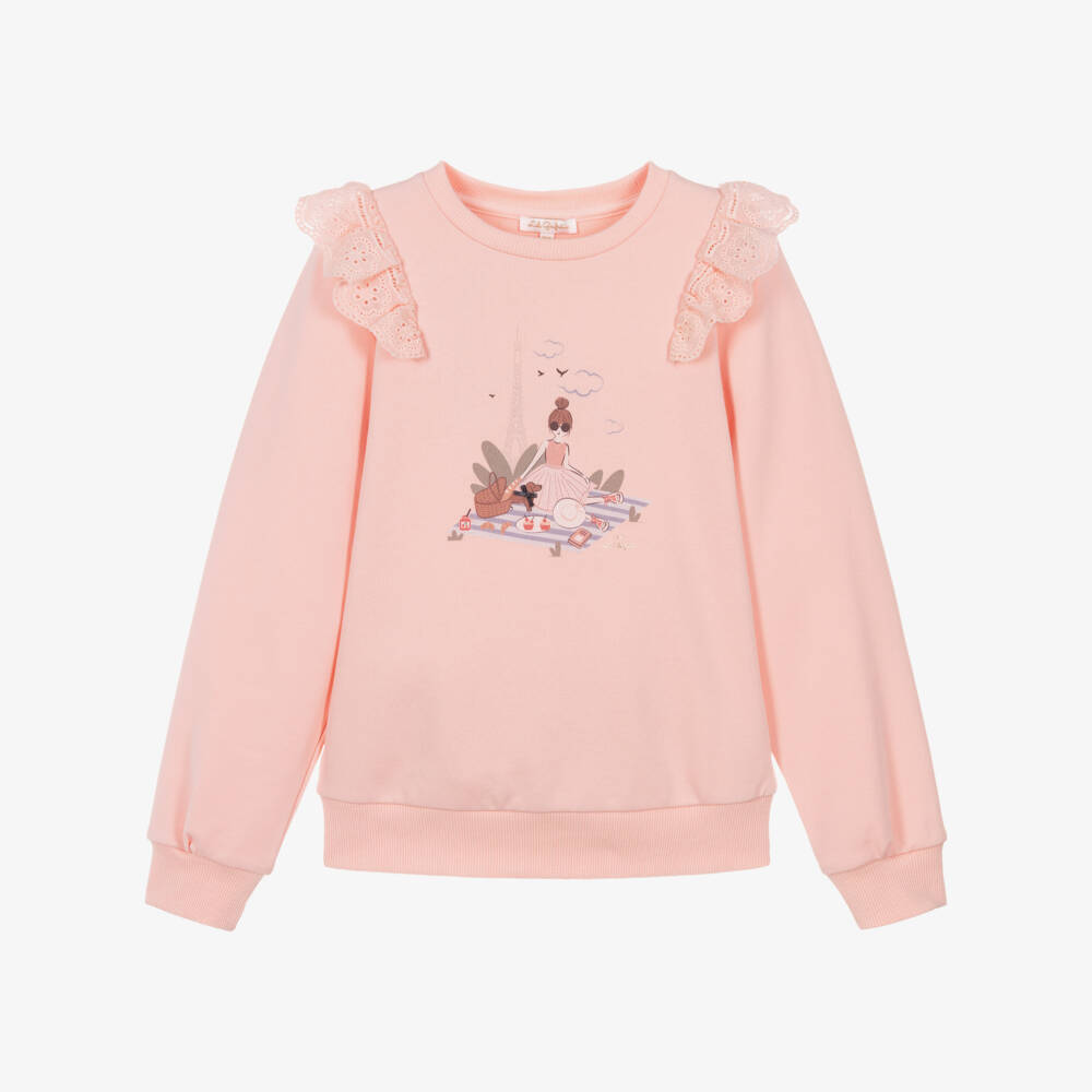 Lili Gaufrette-Girls Peach-Pink Sweatshirt with Parisienne Picnic Graphic | Childrensalon Outlet