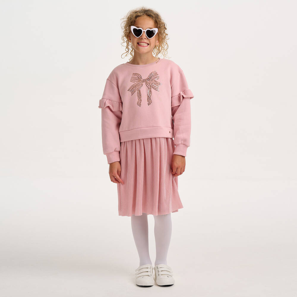 Lili Gaufrette-Girls Pink Cotton Jersey & Satin Plissé Dress | Childrensalon Outlet