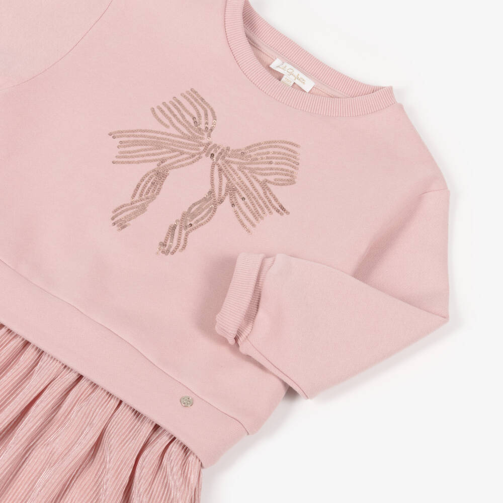 Lili Gaufrette-Girls Pink Cotton Jersey & Satin Plissé Dress | Childrensalon Outlet