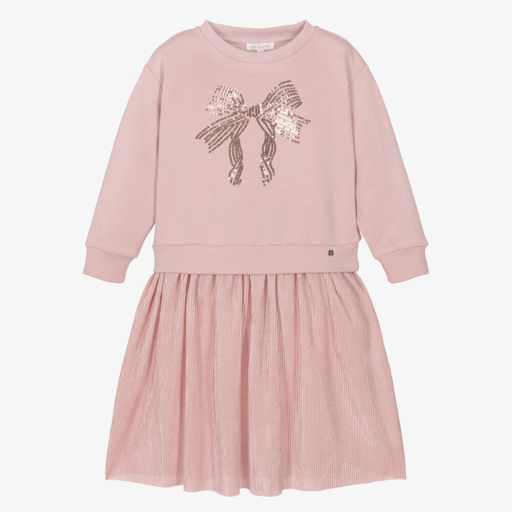 Lili Gaufrette-Girls Pink Cotton Jersey & Satin Plissé Dress | Childrensalon Outlet