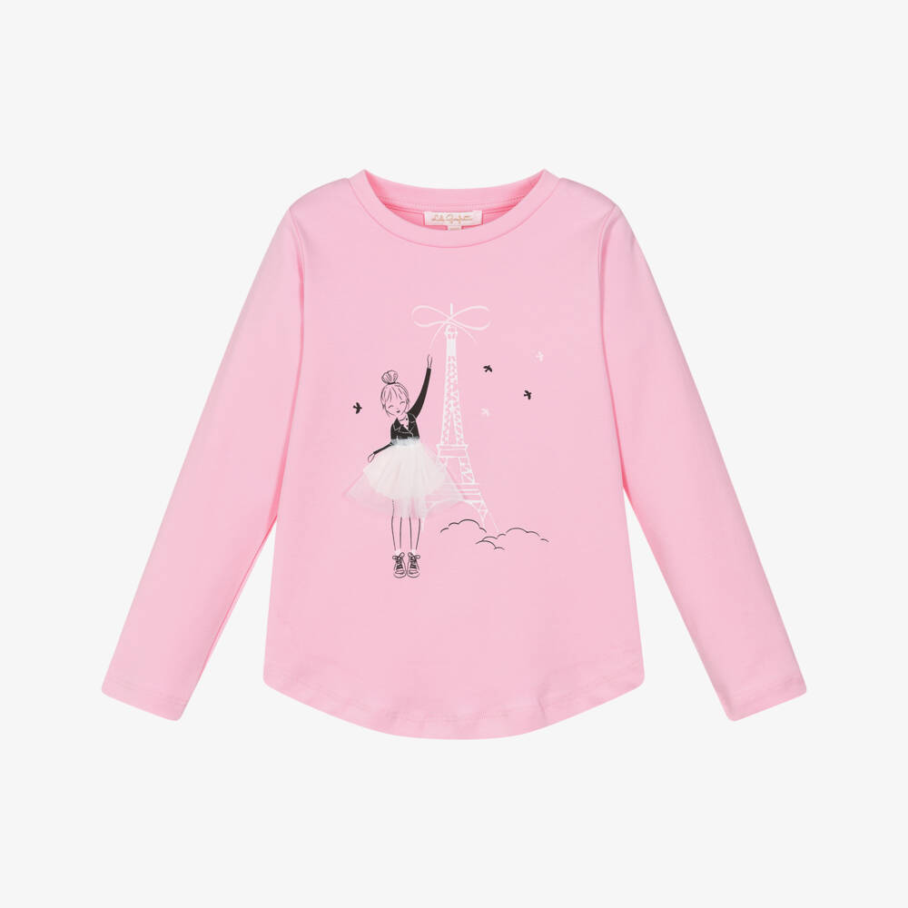 Lili Gaufrette-Girls Pink Cotton Top with Girl & Eiffel Tower | Childrensalon Outlet
