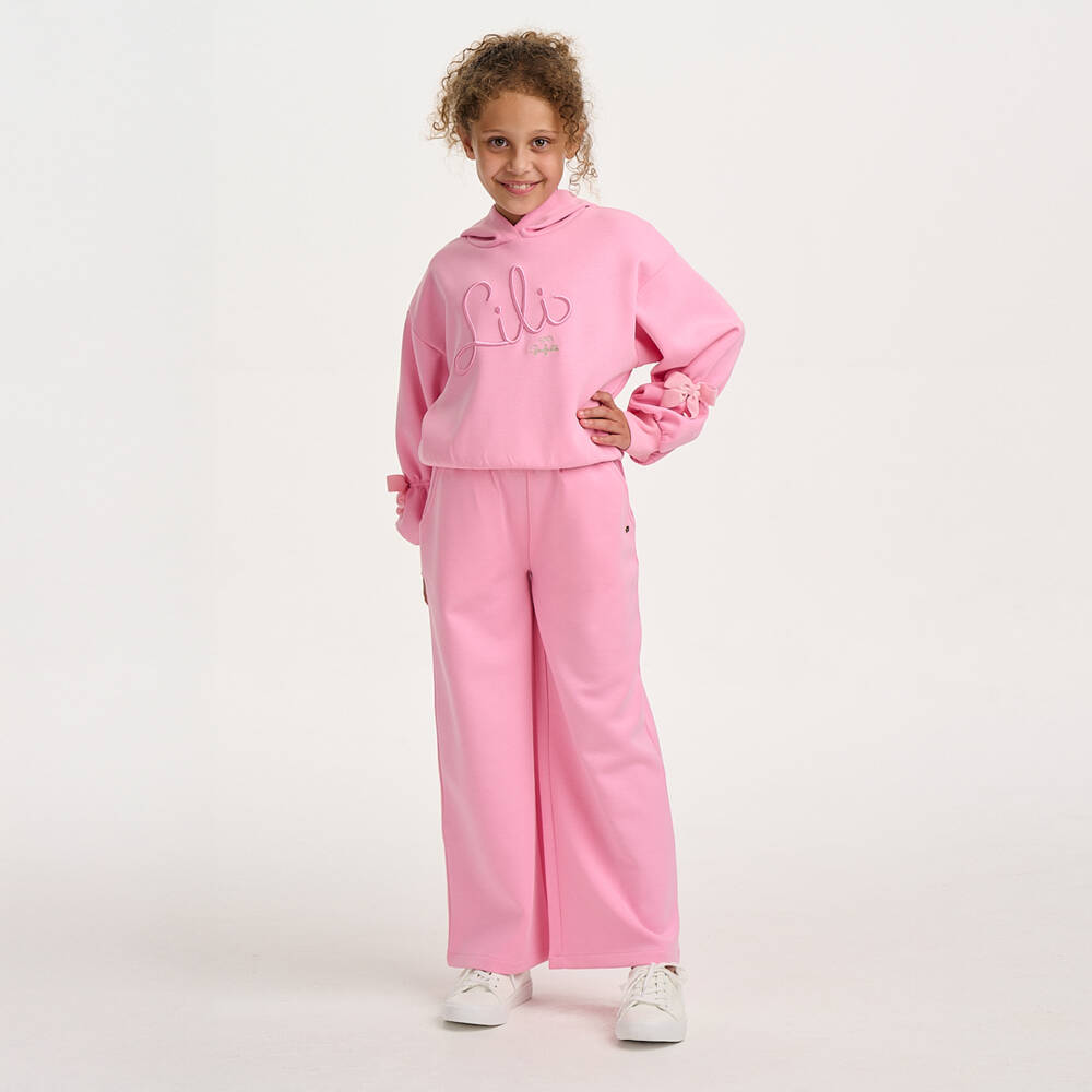 Lili Gaufrette-Girls Pink Scuba Jersey Hoodie with Embroidered Logo | Childrensalon Outlet