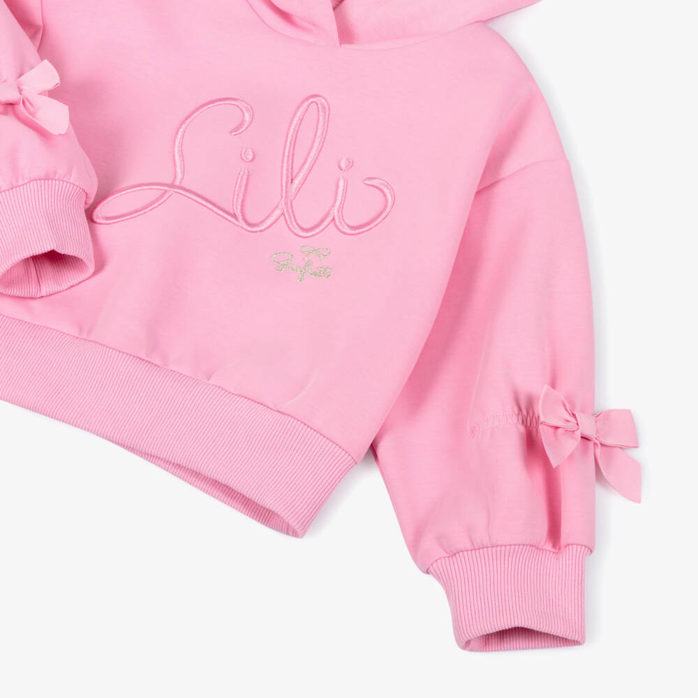 Lili Gaufrette-Girls Pink Scuba Jersey Hoodie with Embroidered Logo | Childrensalon Outlet