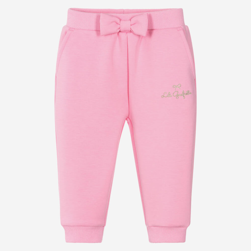 Lili Gaufrette-Girls Pink Scuba Jersey Joggers with Bow & Gold Logo | Childrensalon Outlet