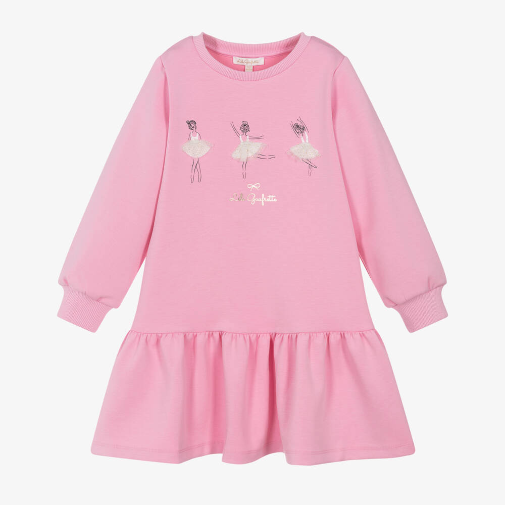Lili Gaufrette-Girls Pink Scuba Jersey Sweatshirt Dress with Ballerinas | Childrensalon Outlet