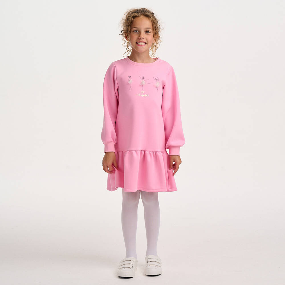 Lili Gaufrette-Girls Pink Scuba Jersey Sweatshirt Dress with Ballerinas | Childrensalon Outlet