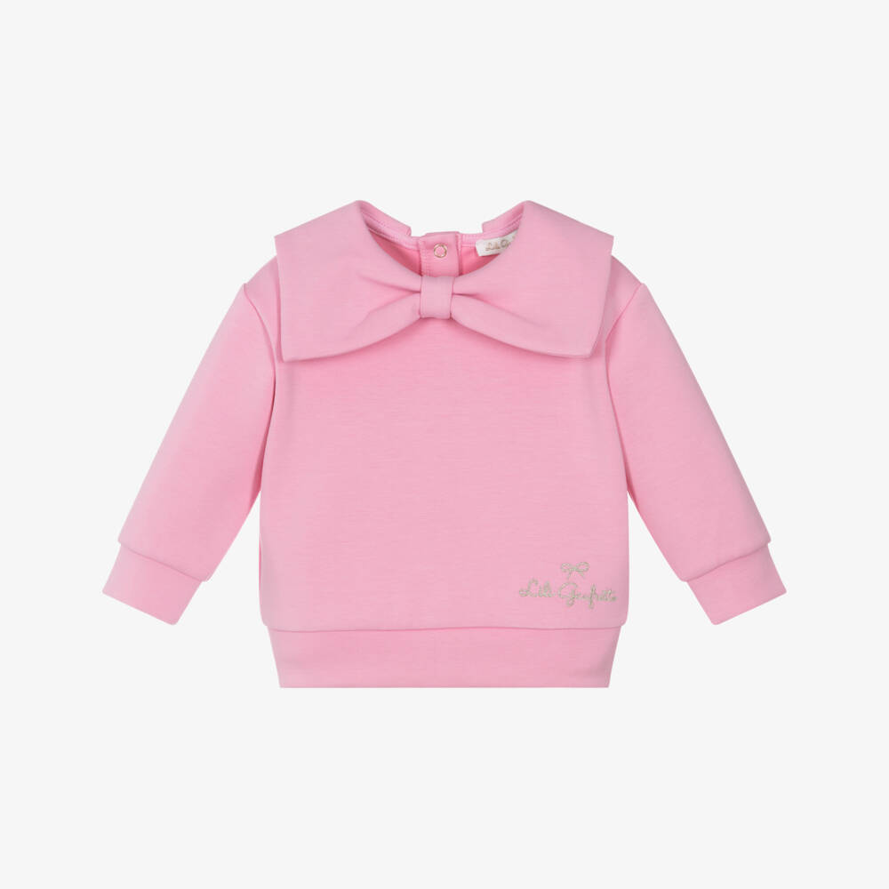 Lili Gaufrette-Girls Pink Scuba Jersey Sweatshirt with Bow & Gold Logo | Childrensalon Outlet