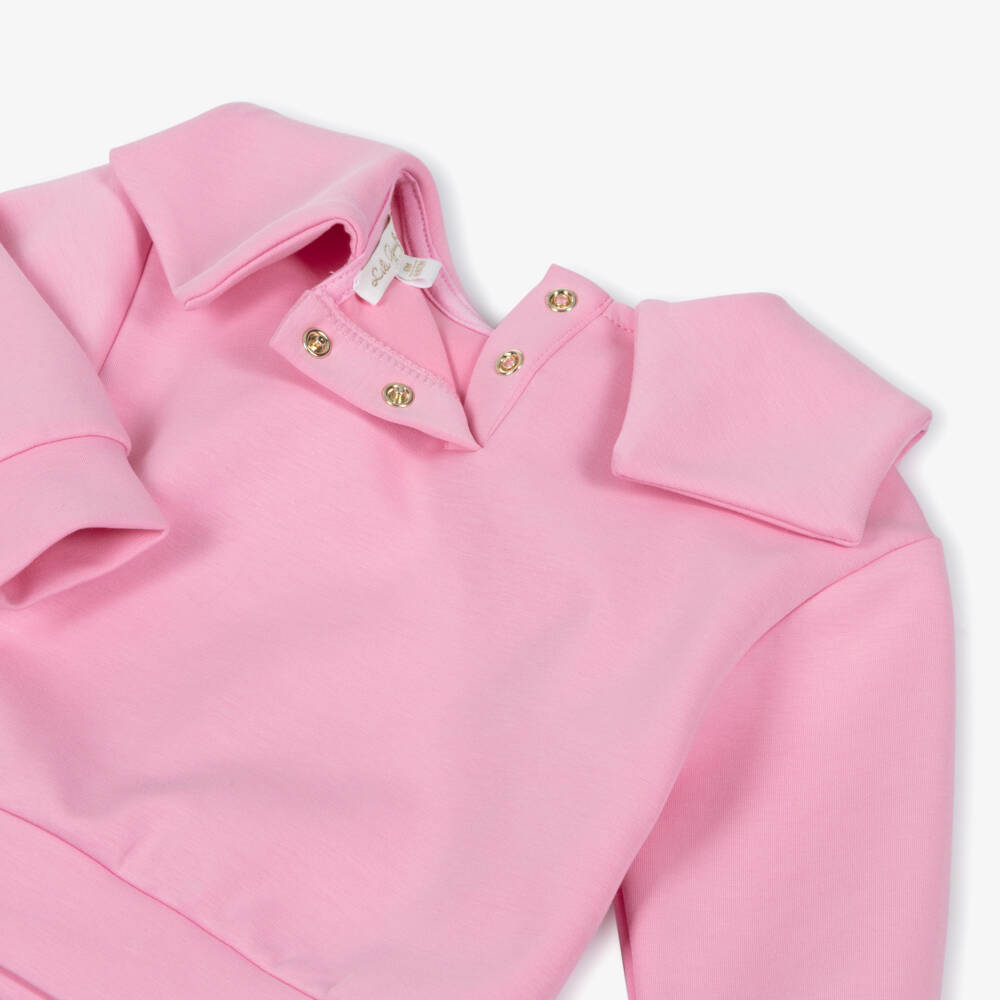Lili Gaufrette-Girls Pink Scuba Jersey Sweatshirt with Bow & Gold Logo | Childrensalon Outlet