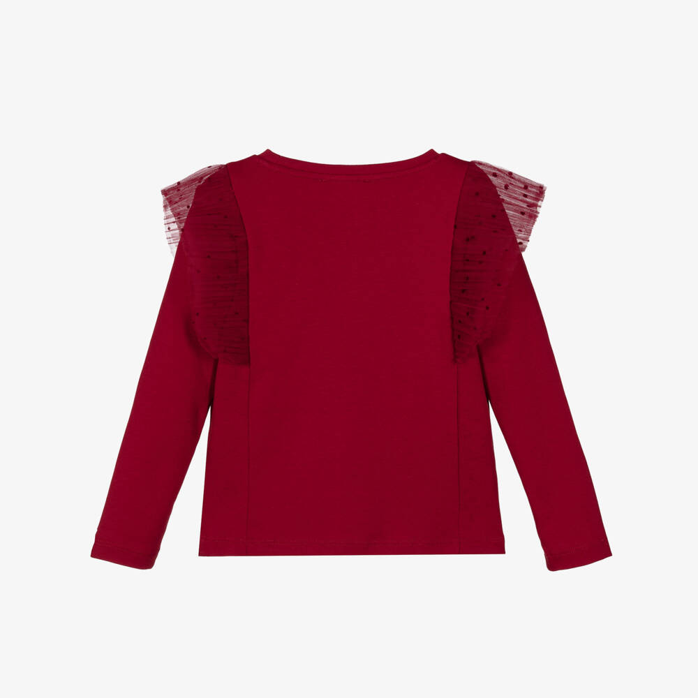 Lili Gaufrette-Girls Red Cotton Top with Pleated Tulle Frills & Gold Bow Logo | Childrensalon Outlet