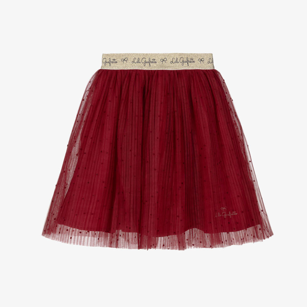 Lili Gaufrette-Girls Red Pleated Tulle Logo Skirt with Flocked Polka Dots | Childrensalon Outlet