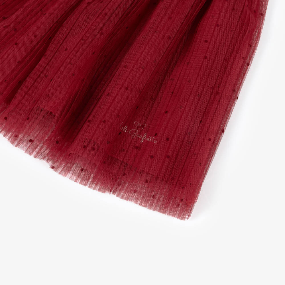 Lili Gaufrette-Girls Red Pleated Tulle Logo Skirt with Flocked Polka Dots | Childrensalon Outlet