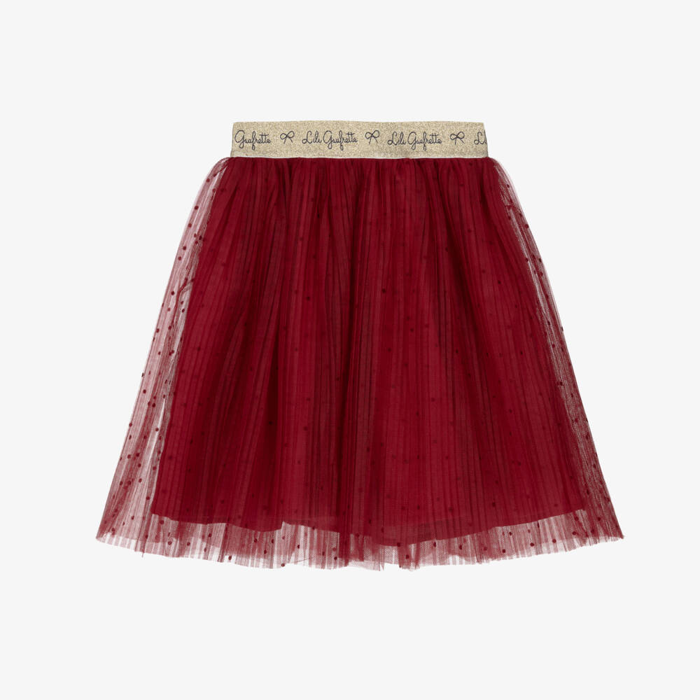 Lili Gaufrette-Girls Red Pleated Tulle Logo Skirt with Flocked Polka Dots | Childrensalon Outlet
