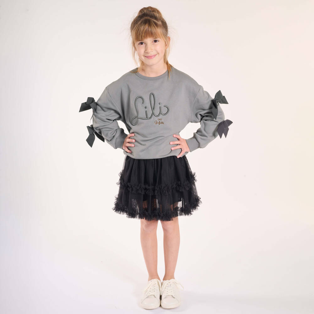 Lili Gaufrette-Girls Silver Bow-Accent Sweatshirt | Childrensalon Outlet