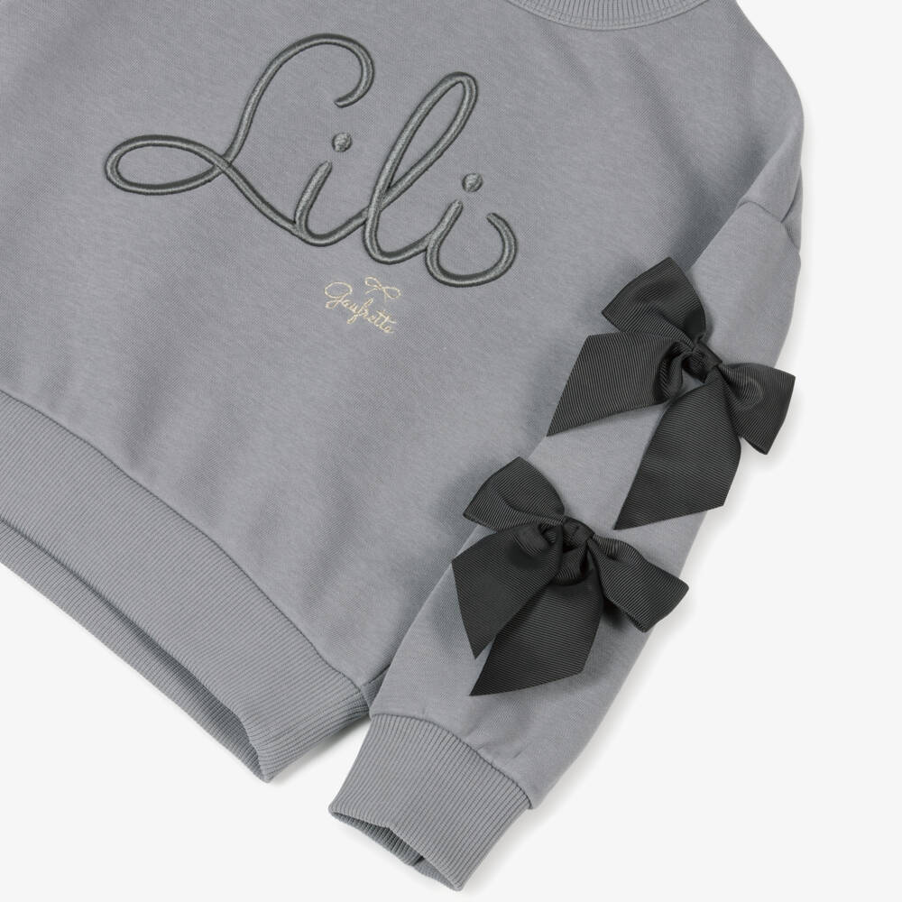 Lili Gaufrette-Girls Silver Bow-Accent Sweatshirt | Childrensalon Outlet