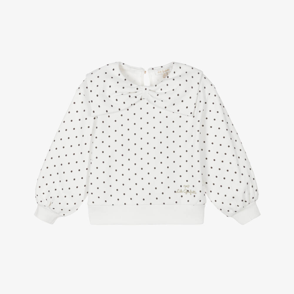 Lili Gaufrette-Girls White & Black Cotton Sweatshirt with Bow & Gold Logo | Childrensalon Outlet