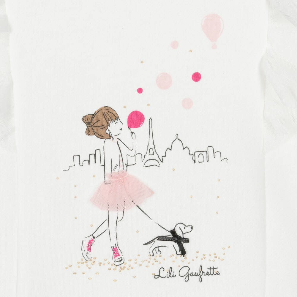 Lili Gaufrette-Girls White Cotton Paris Sweatshirt  | Childrensalon Outlet