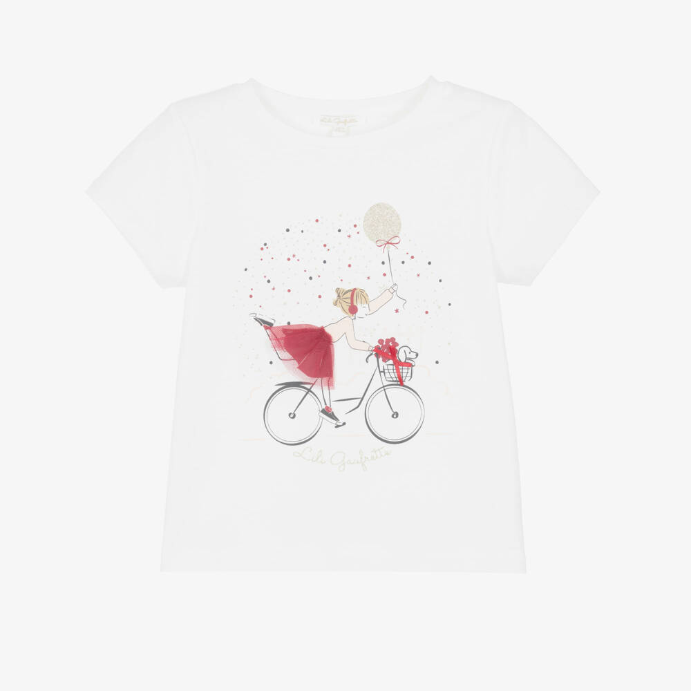 Lili Gaufrette-Girls White Cotton T-Shirt with Girl & Bicycle | Childrensalon Outlet