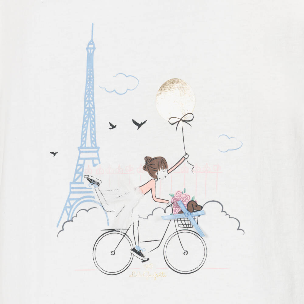 Lili Gaufrette-Girls White Cotton T-Shirt with Parisian Girl Print | Childrensalon Outlet