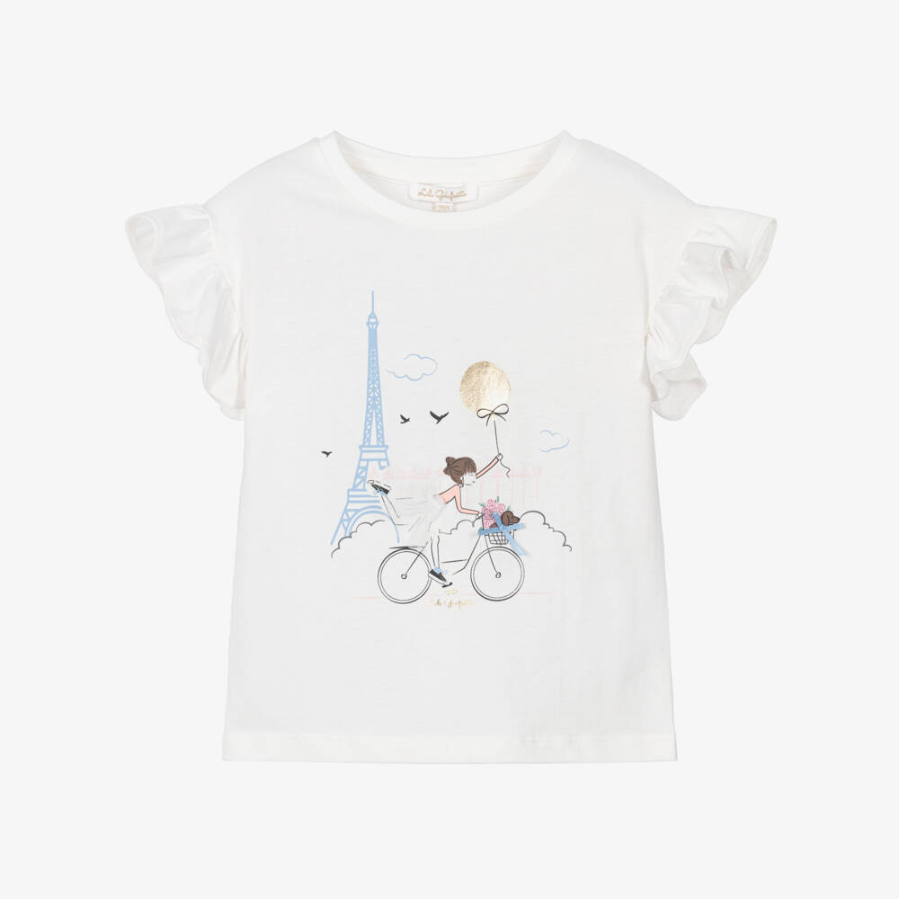 Lili Gaufrette-Girls White Cotton T-Shirt with Parisian Girl Print | Childrensalon Outlet