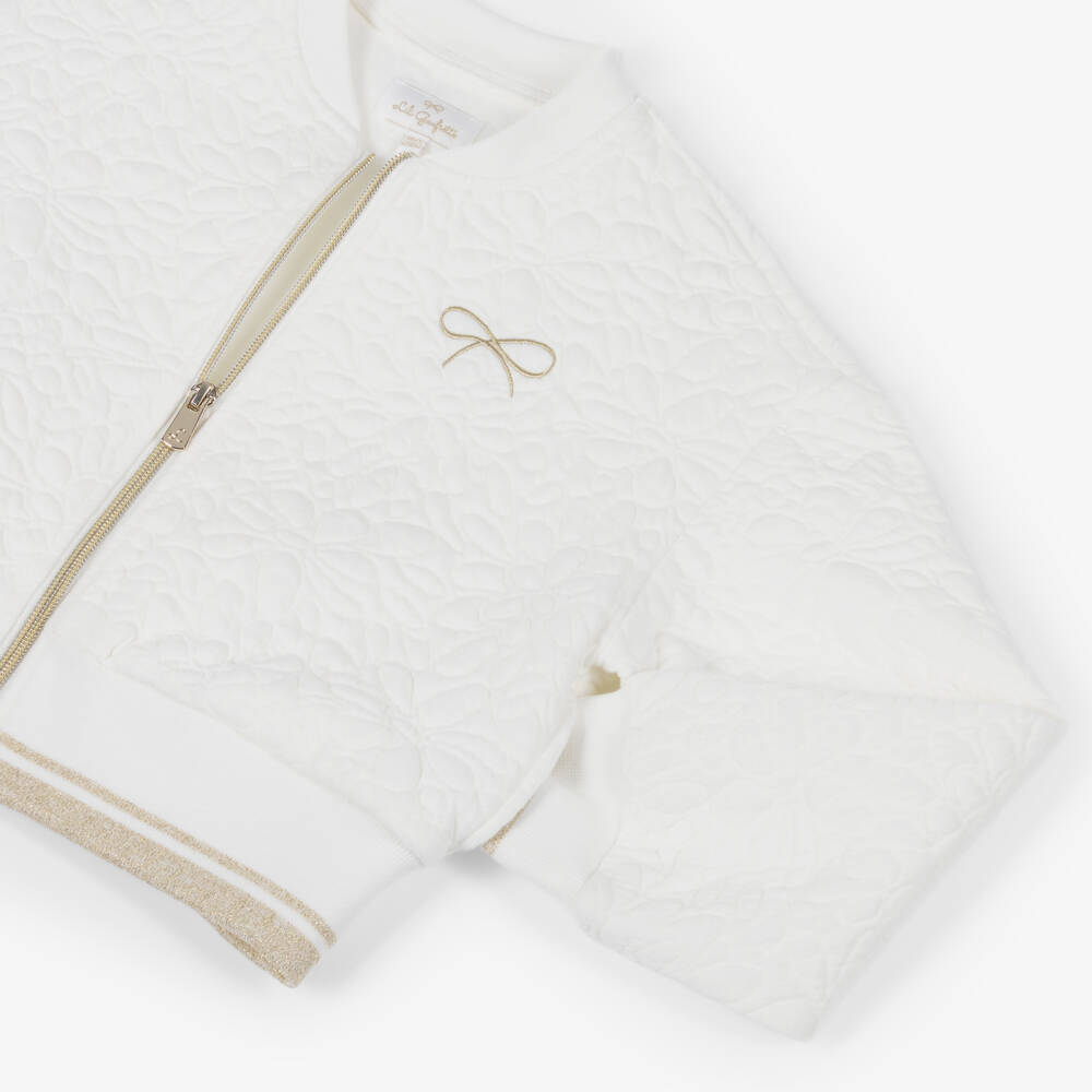 Lili Gaufrette-Girls White Jersey Bomber Jacket with Quilted Floral Pattern | Childrensalon Outlet