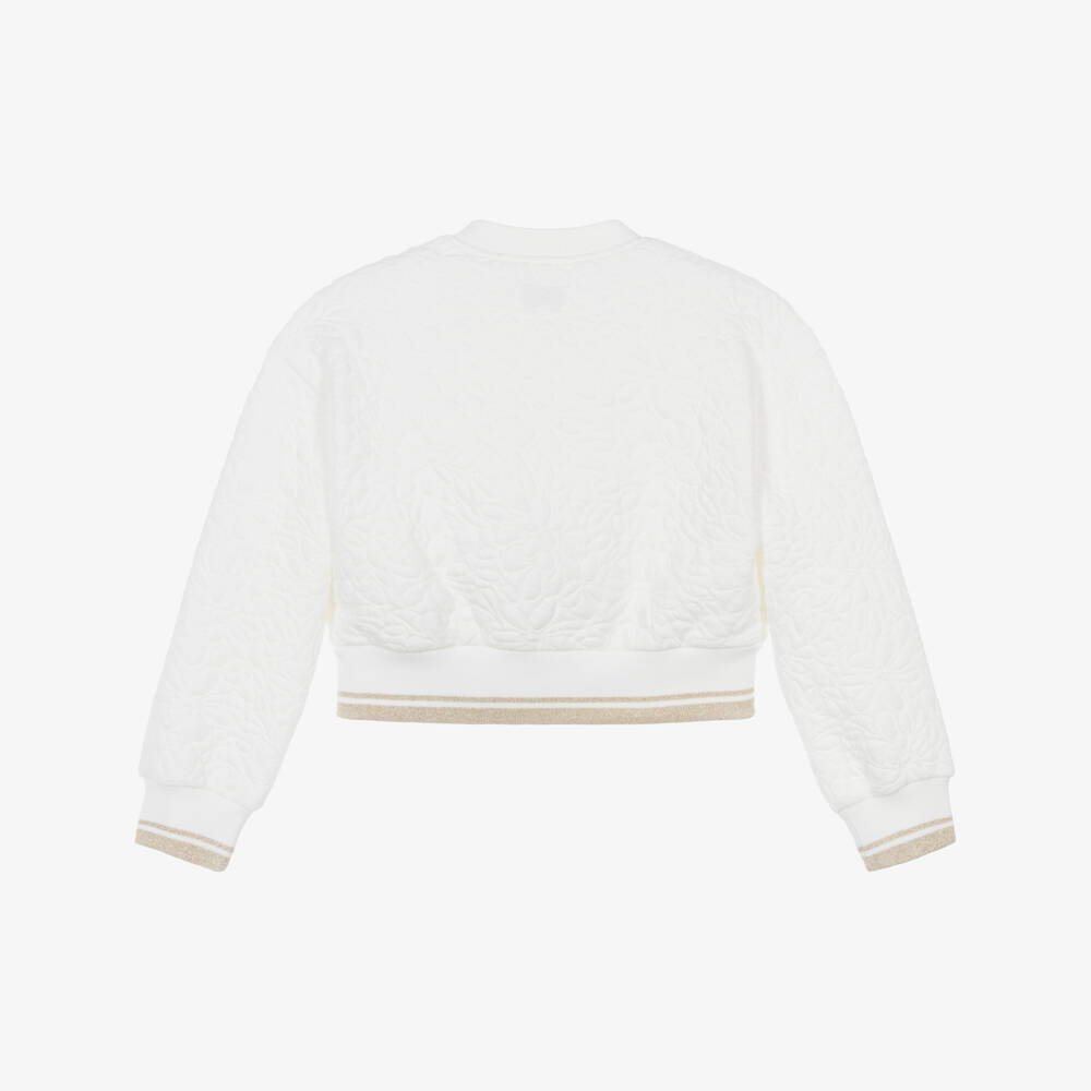 Lili Gaufrette-Girls White Jersey Bomber Jacket with Quilted Floral Pattern | Childrensalon Outlet