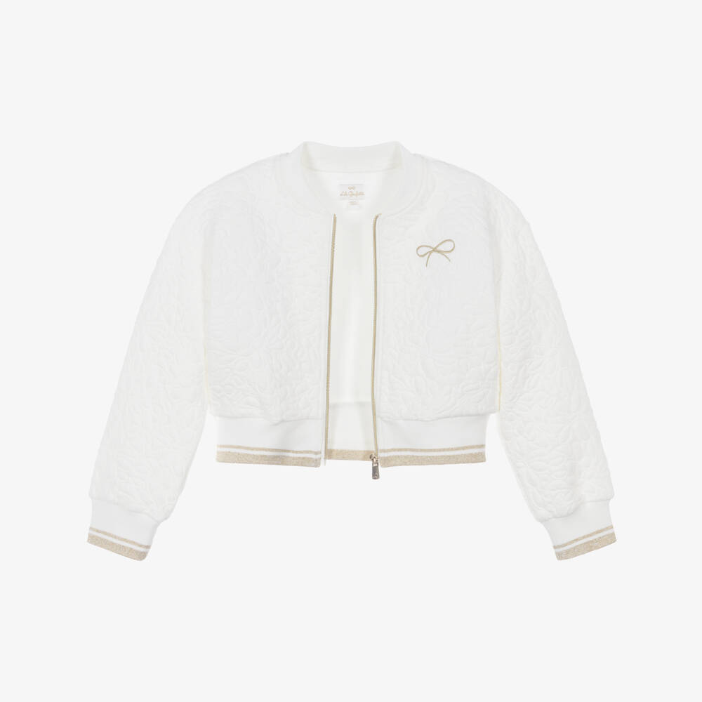 Lili Gaufrette-Girls White Jersey Bomber Jacket with Quilted Floral Pattern | Childrensalon Outlet