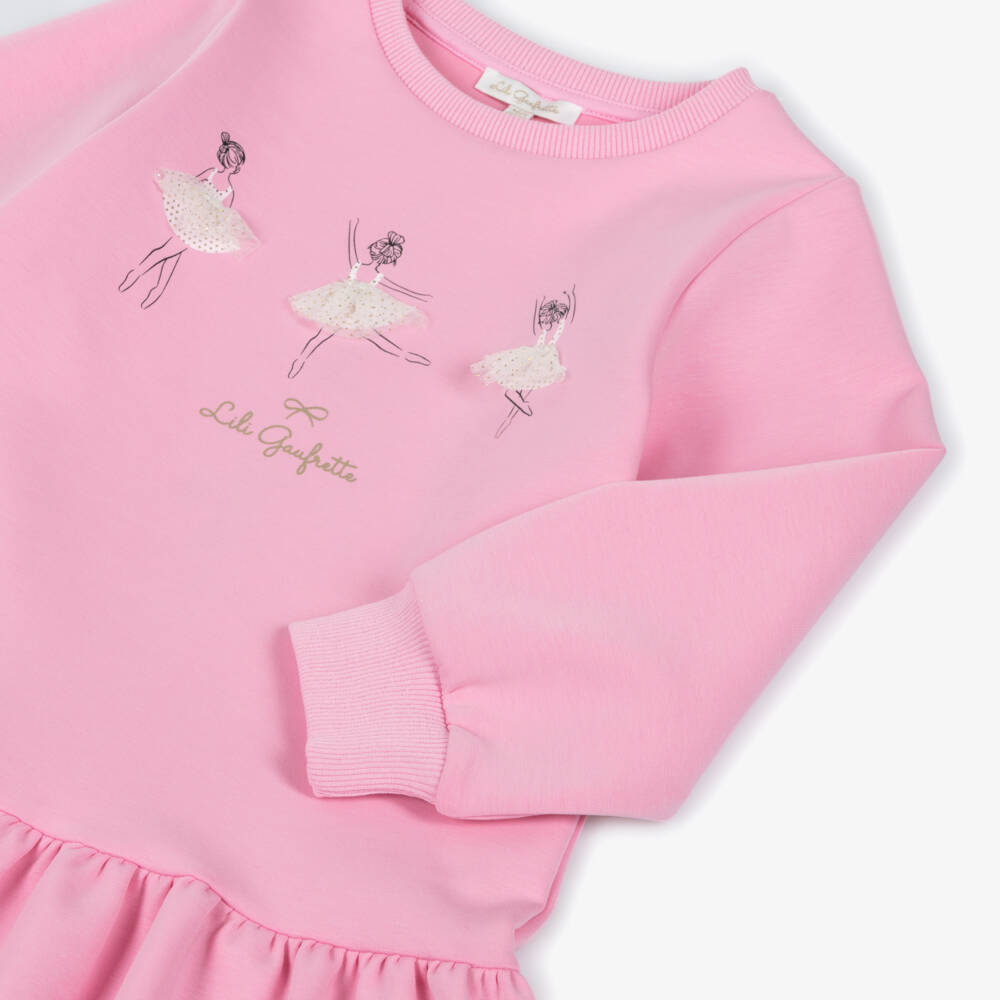 Lili Gaufrette-Pink Ballerina Sweatshirt Dress | Childrensalon Outlet