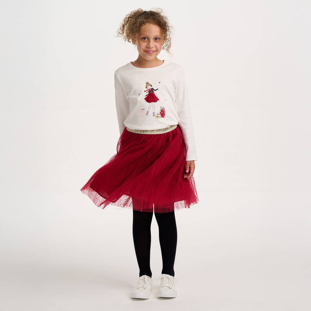 Lili Gaufrette-White Cotton Top with Festive Girl Motif | Childrensalon Outlet