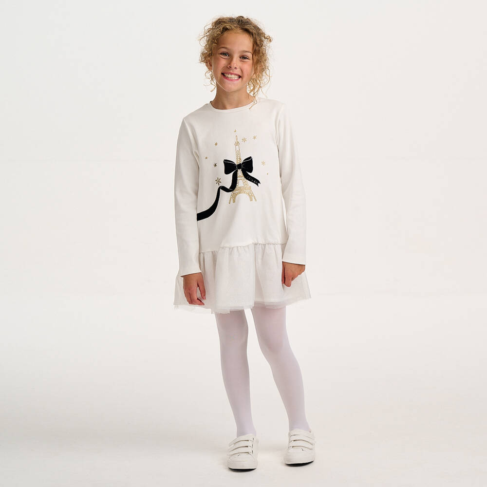 Lili Gaufrette-White Eiffel Tower Bow Jumper Dress | Childrensalon Outlet