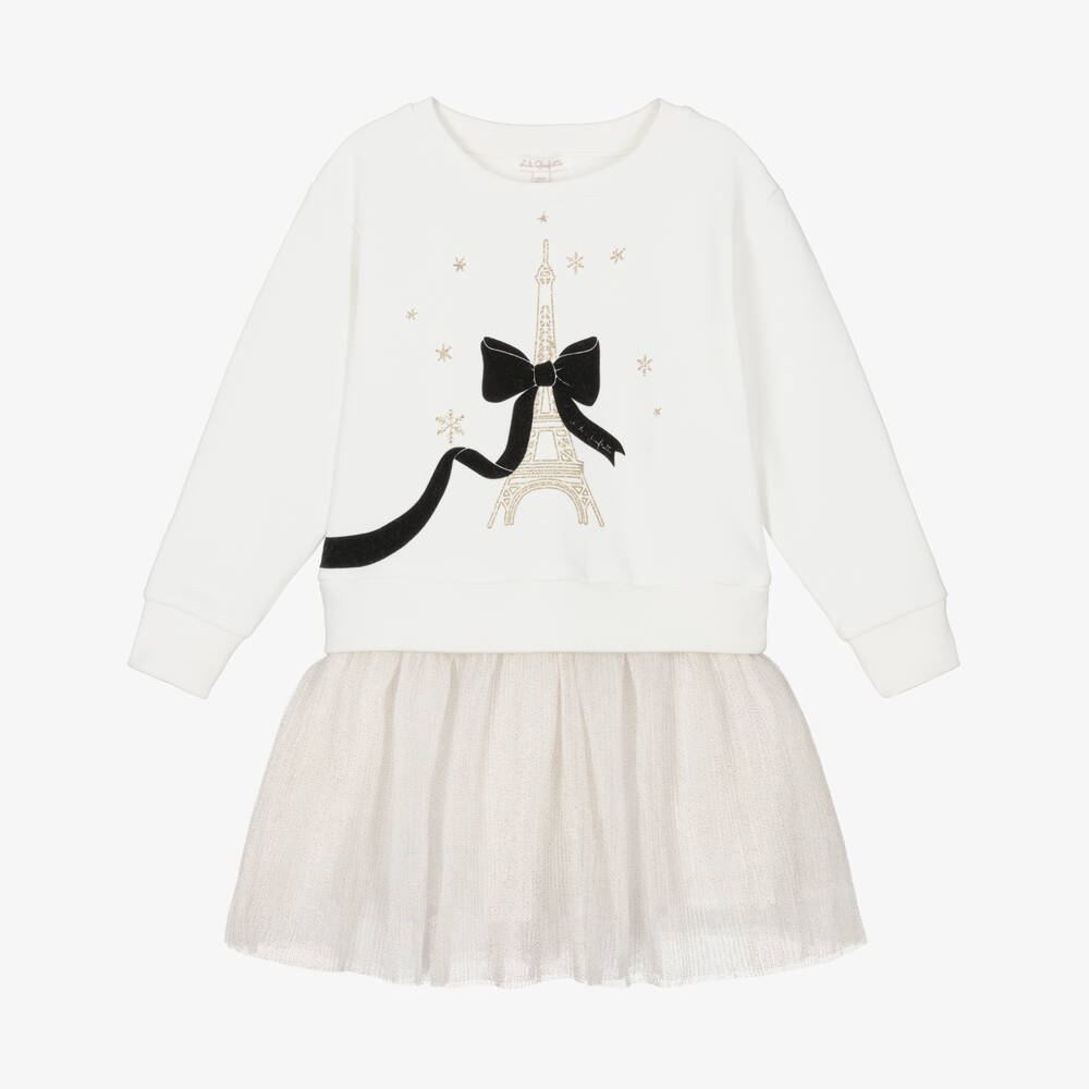 Lili Gaufrette-White Eiffel Tower Bow Jumper Dress | Childrensalon Outlet
