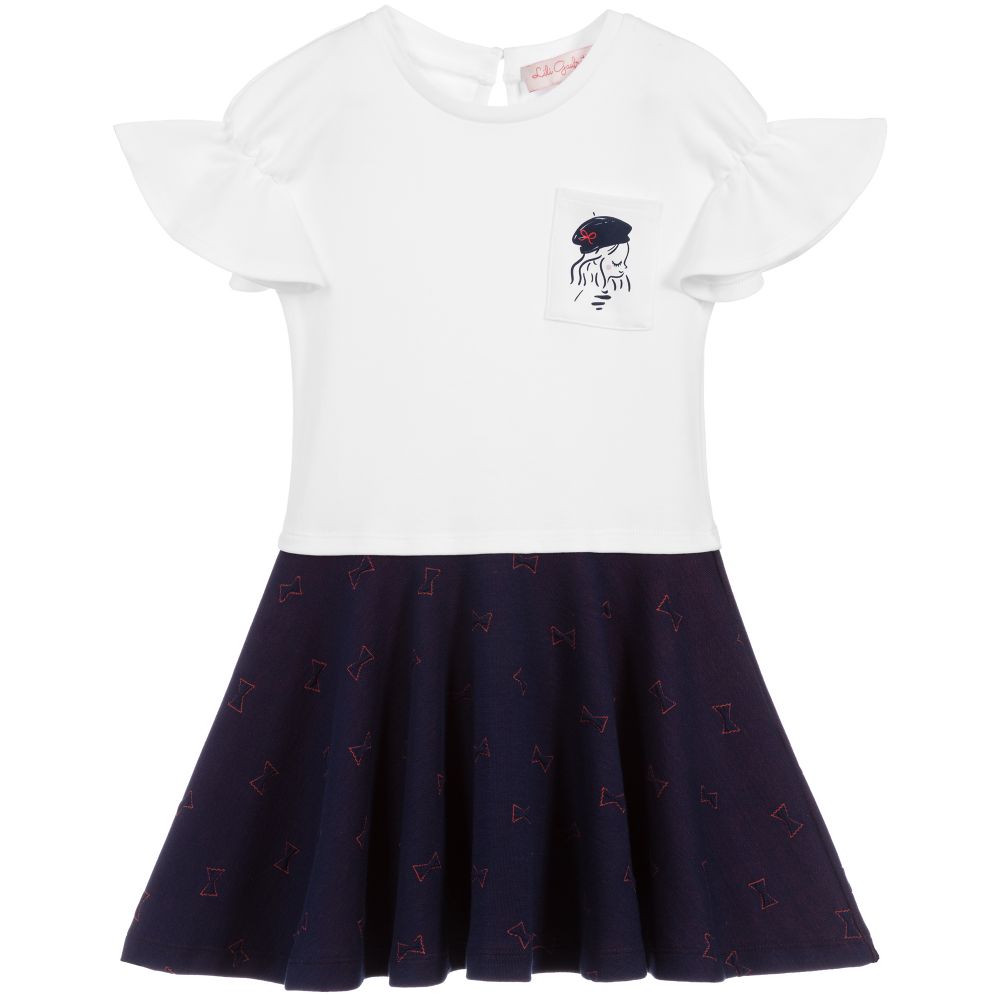 Lili Gaufrette - White & Navy Blue Cotton Dress | Childrensalon