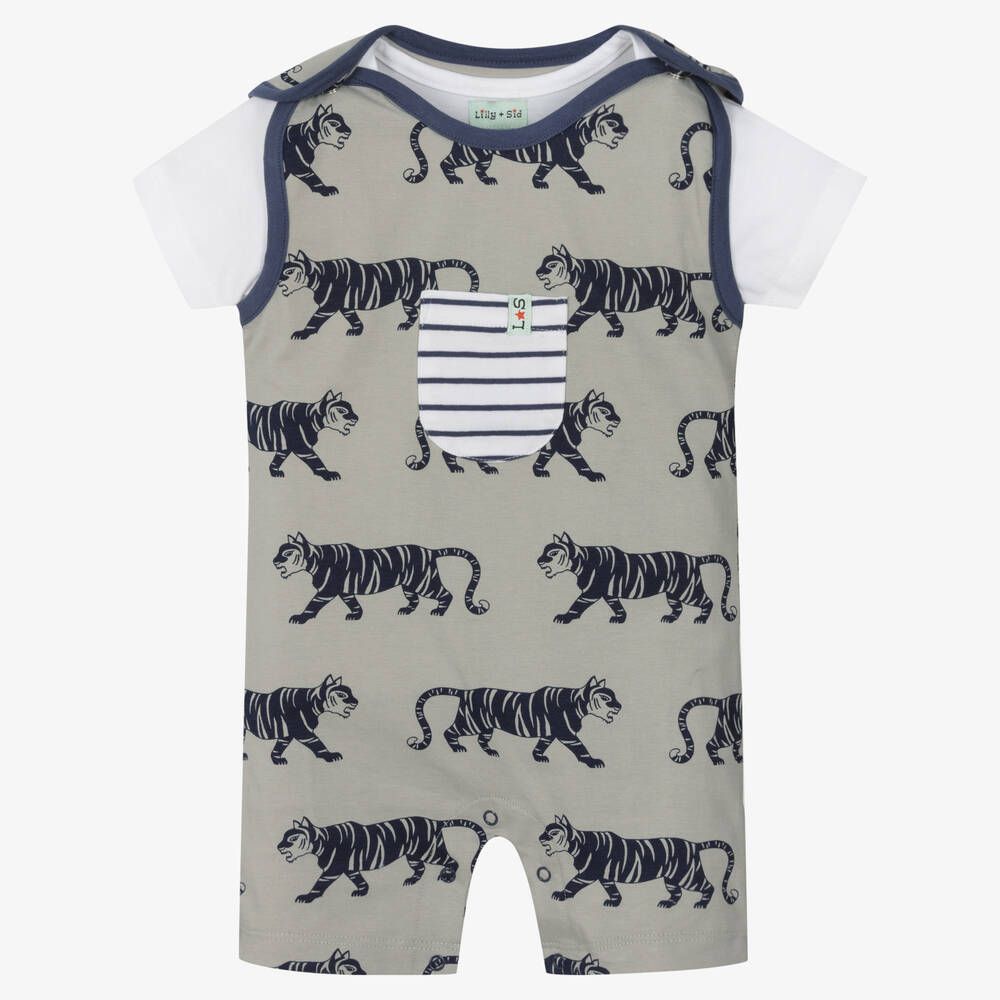 Lilly and Sid - Baby Boys Grey Cotton Dungaree Set | Childrensalon