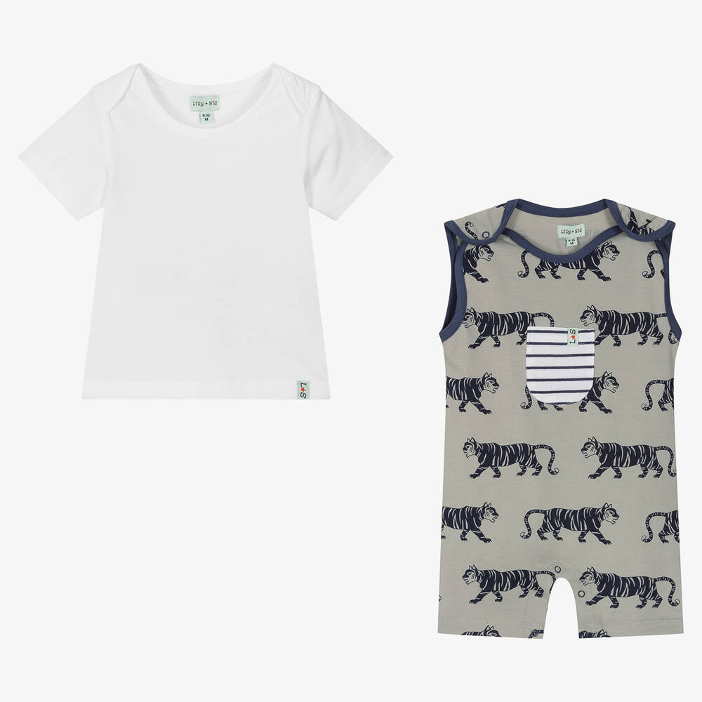 Lilly and Sid-Baby Boys Grey Cotton Dungaree Set | Childrensalon Outlet
