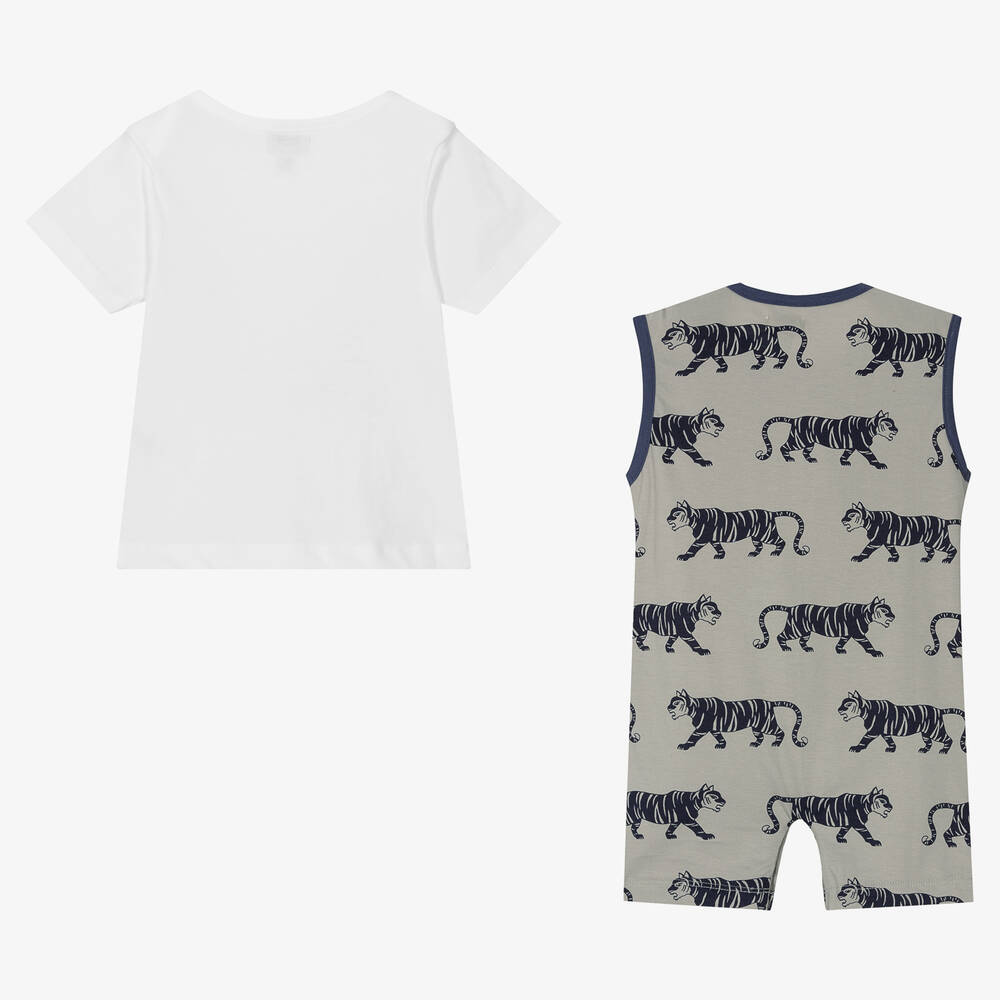 Lilly and Sid-Baby Boys Grey Cotton Dungaree Set | Childrensalon Outlet